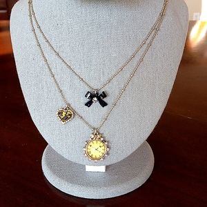 Betsey Johnson Adjustable Layered Clock Necklace w/Black Bow & Leopard Heart